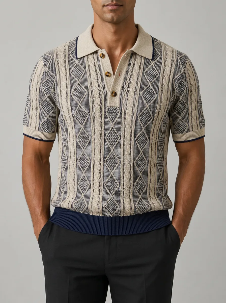 Men's Vintage Geometric Cable Knit Patterned Polo Shirt