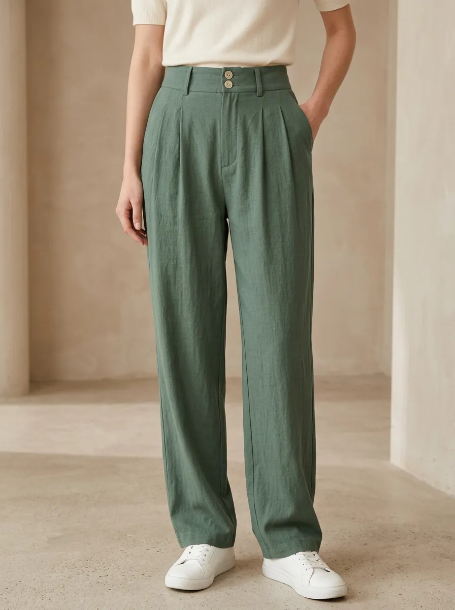 Women's Casual High-Waisted Pleated Linen Trousers