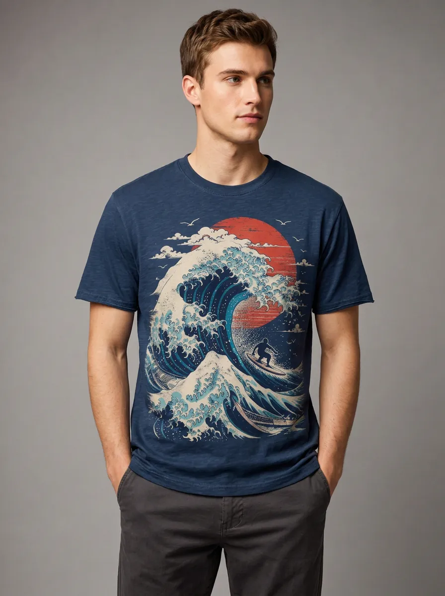 Men's Graphic Print Crewneck T-Shirt with Visible subtle slub-like texture throughout the fabric