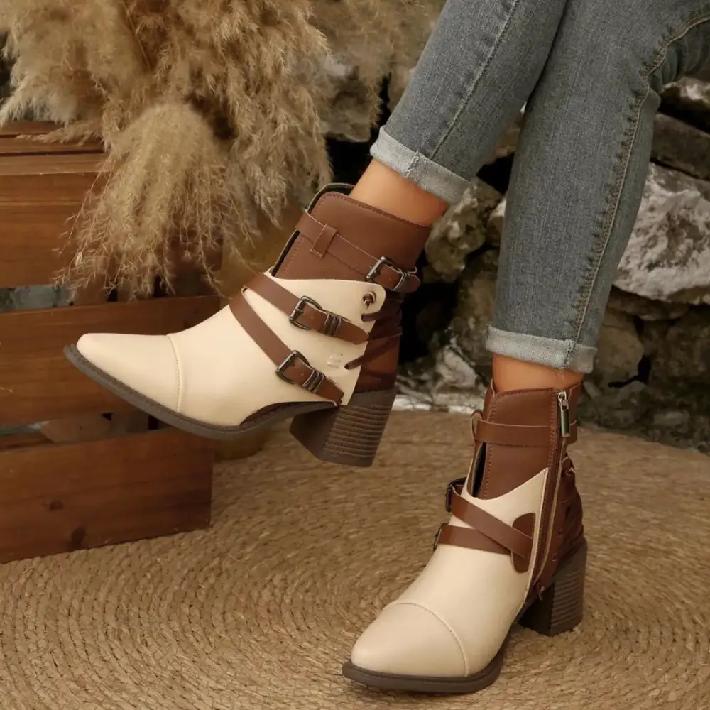 Point Toe Buckle Strap Ankle Boots with Block Heels