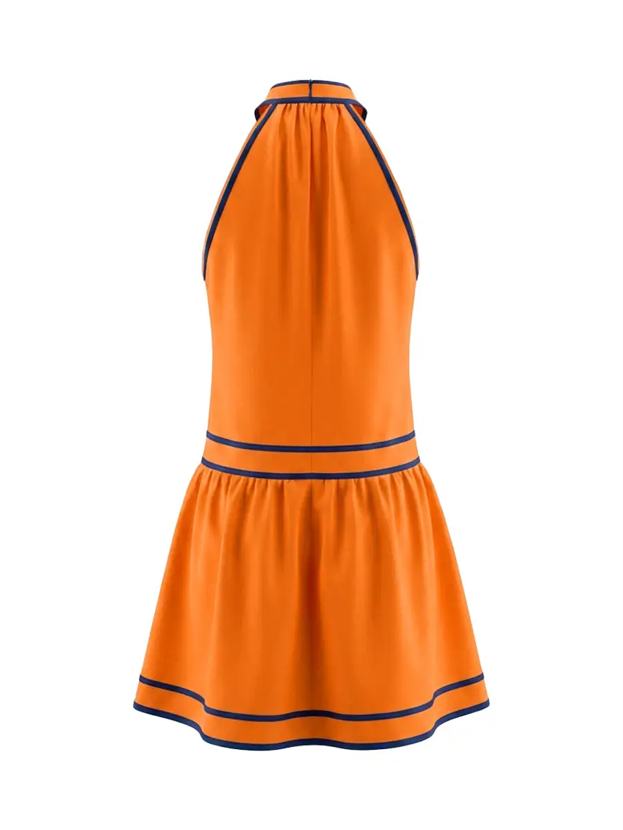 A Line Sleeveless Contrast Color Pocket Zipper Halter Neck Mini Dress