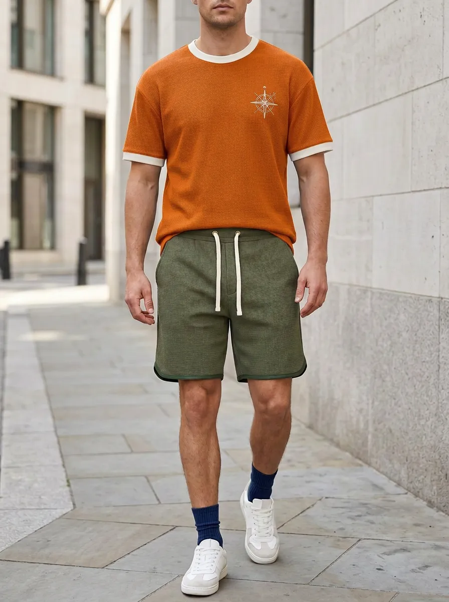 Casual Waffle Texture Edit Men's T-Shirt And Shorts Set