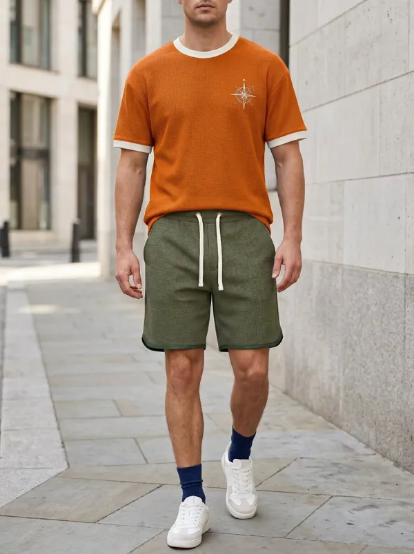 Casual Waffle Texture Edit Men's T-Shirt And Shorts Set
