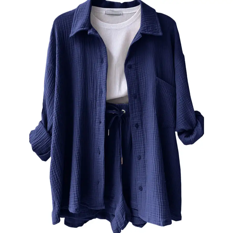 Relaxed Textured Button Up Shirt and Shorts Set