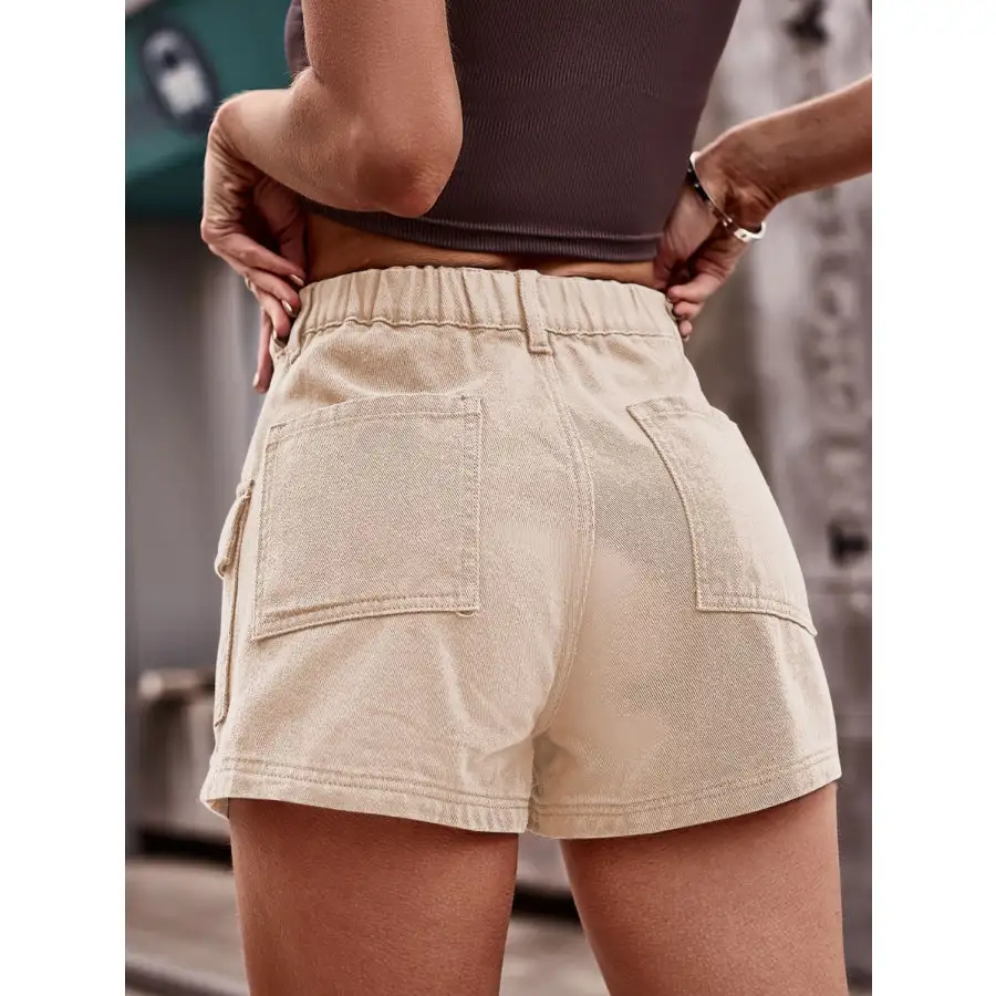 Textured High Waist Denim Shorts with Pockets