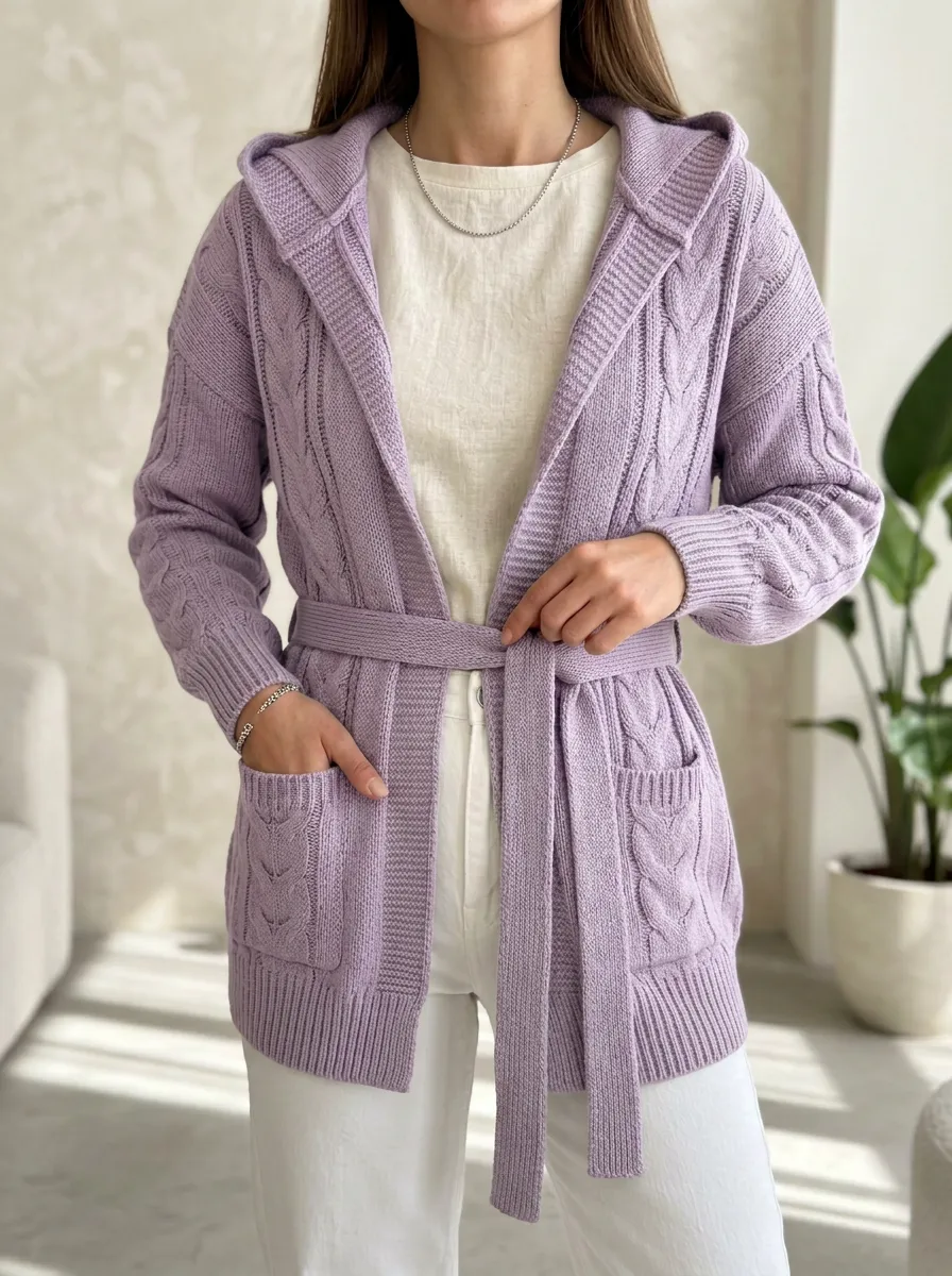 Belted Women's Hooded Knit Cardigan