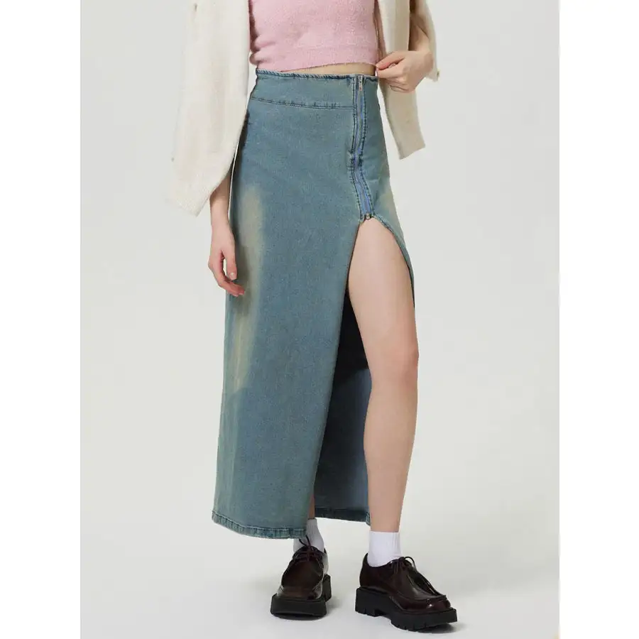 Slit Denim Skirt with Zip