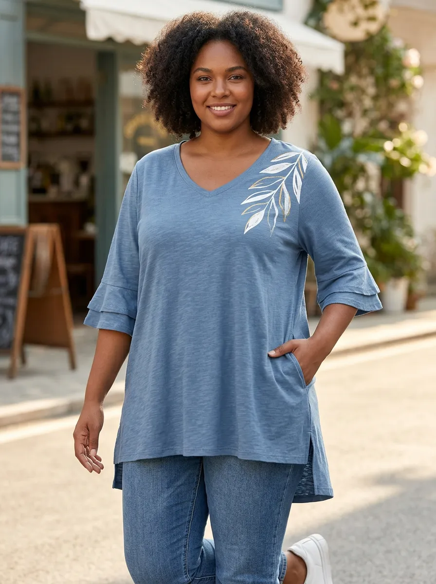 Women's Plus Size Leaf Pattern Printed V-Neck Loose T-Shirt