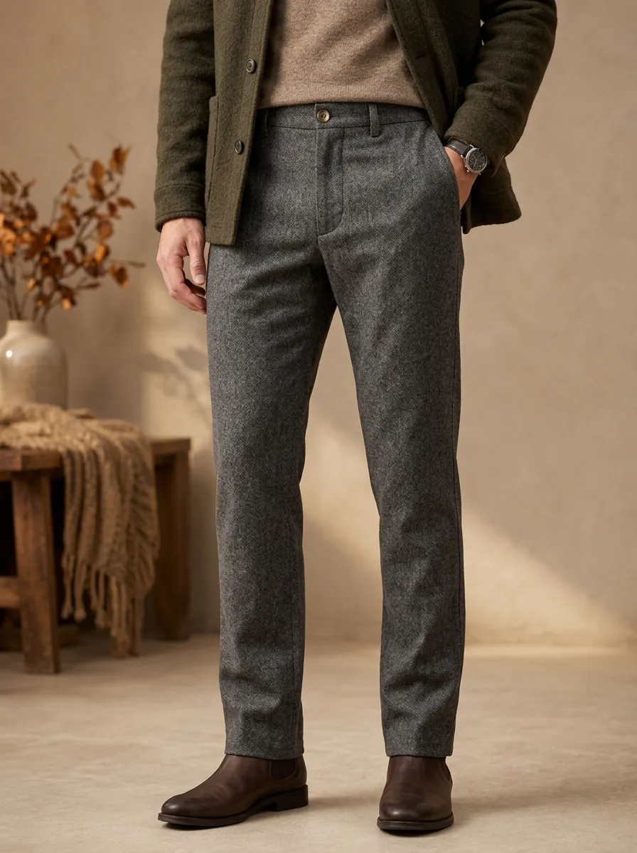 Men's Winter Herringbone Wool-Blend Trousers