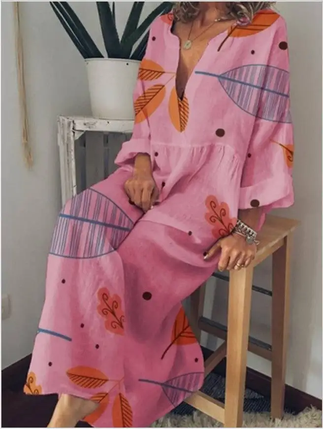 V-neck print loose long sleeve long dress for women