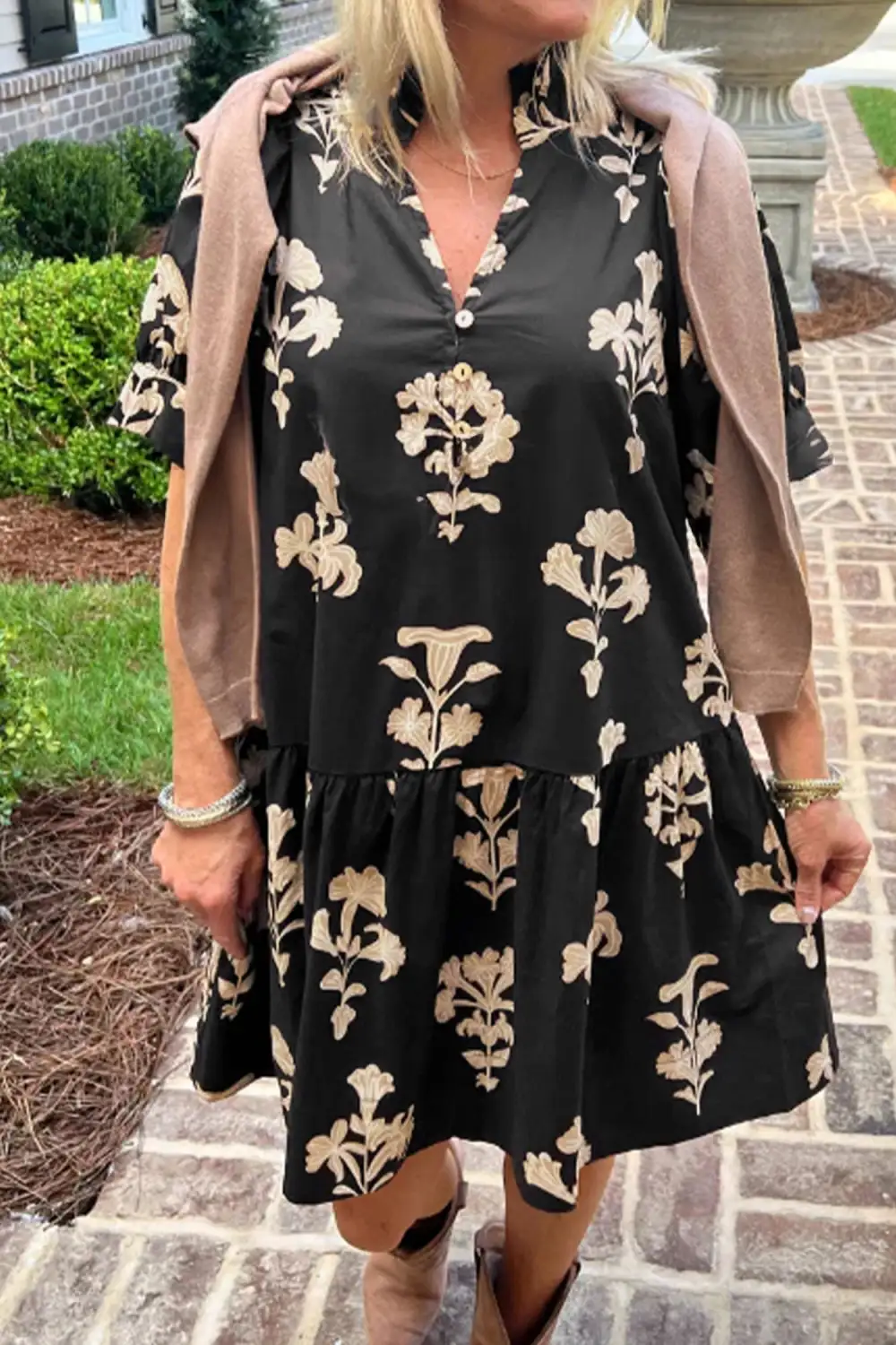 Floral V Neck Ruffle Mini Dress