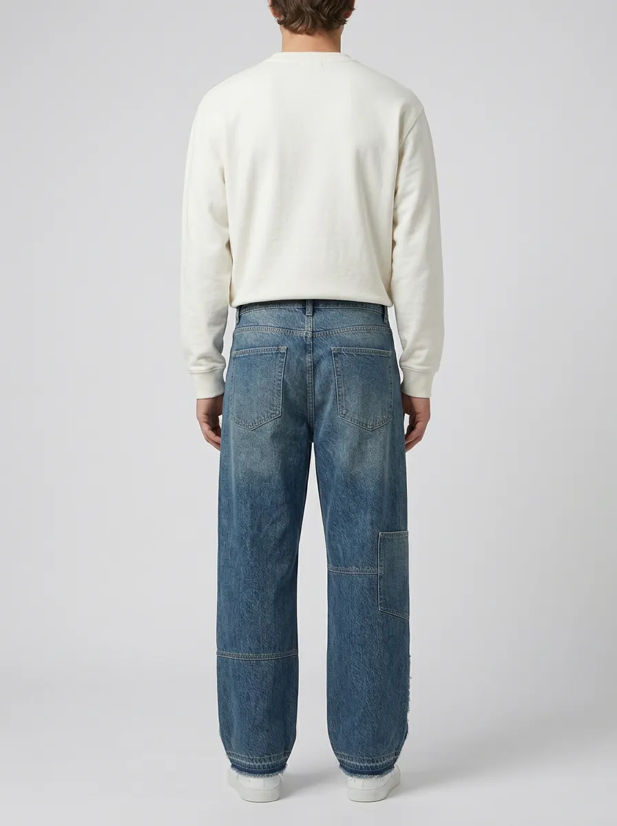 Wide Leg Patchwork Distressed Finish Vintage-Inspired Men's Loose Fit Jeans