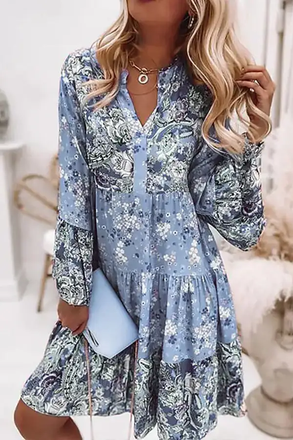 Floral-print Long-sleeve V-neck Paneled Casual Dress