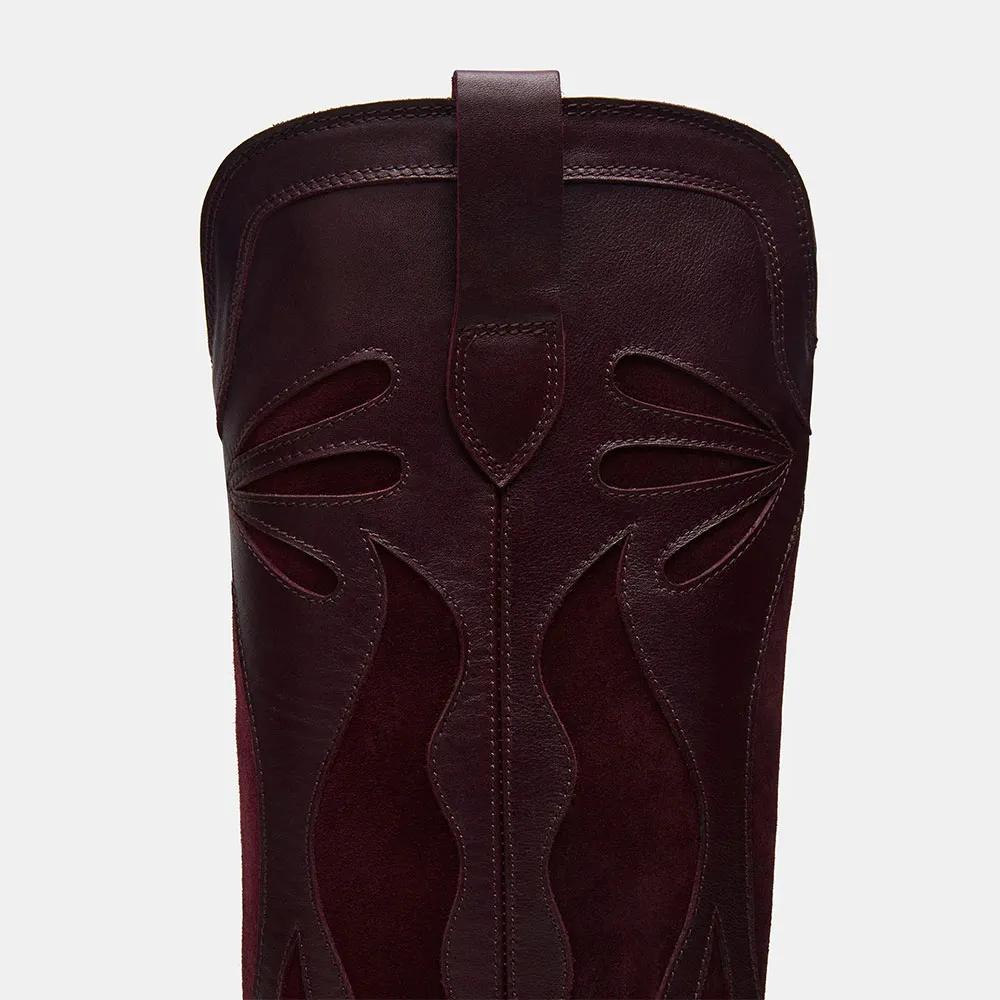 Faux-Suede Faux-Leather Pointed-Toe Block-Heel Knee-Length Western Boots