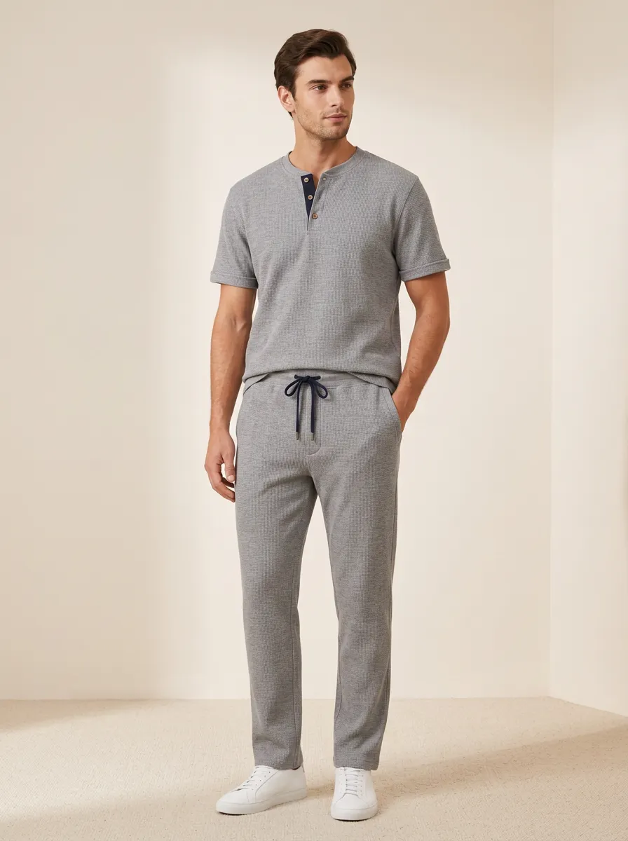 Men's Regular Fit Casual Lounge Waffle Knit Henley Shirt and Drawstring Pants Set