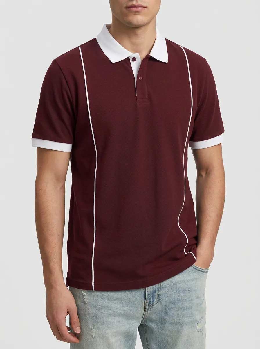 Men's Navy White Contrast Piping Pattern Polo Shirt
