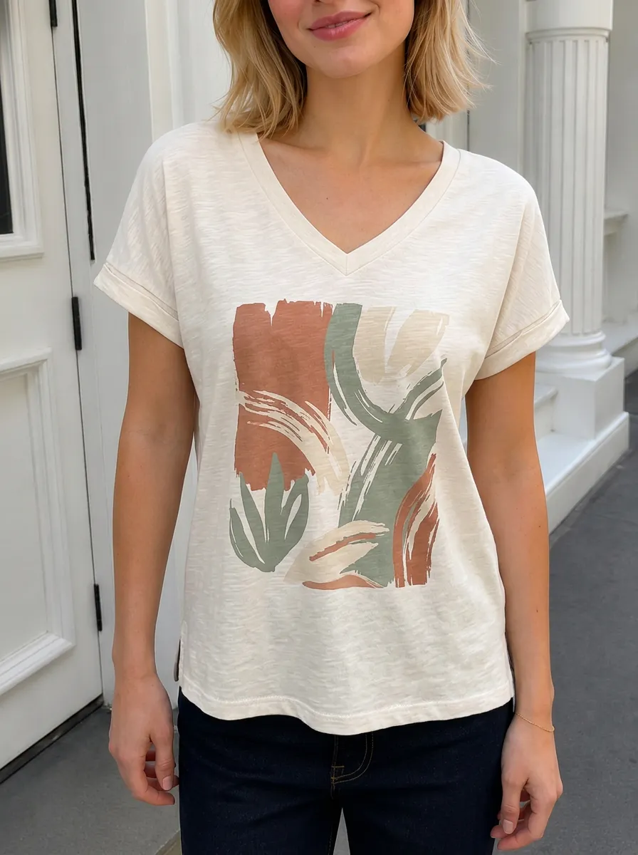 Women's Abstract Art Boho Brushstroke Printed V-neck T-shirt
