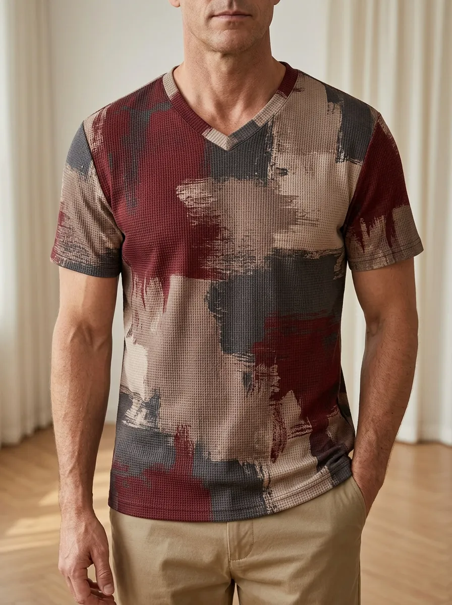 Men's Abstract Brushstroke Waffle Knit Layered V-Neck T-Shirt