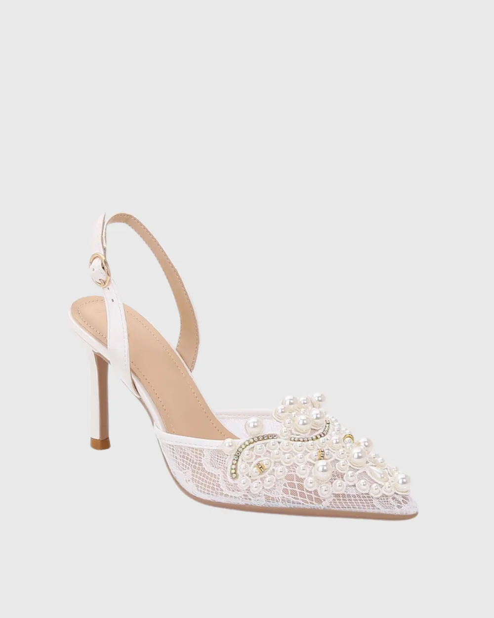 Pearl Embellisehd Lace Slingback Pumps in White