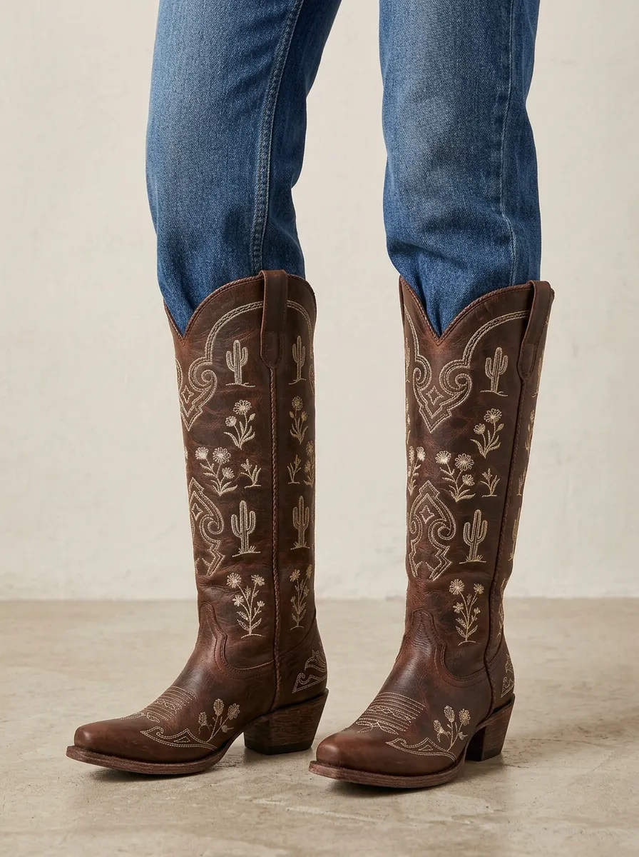 Women's Western Cactus Floral Wing Embroidered Pointed-Toe Denim Over-the-Knee Boots