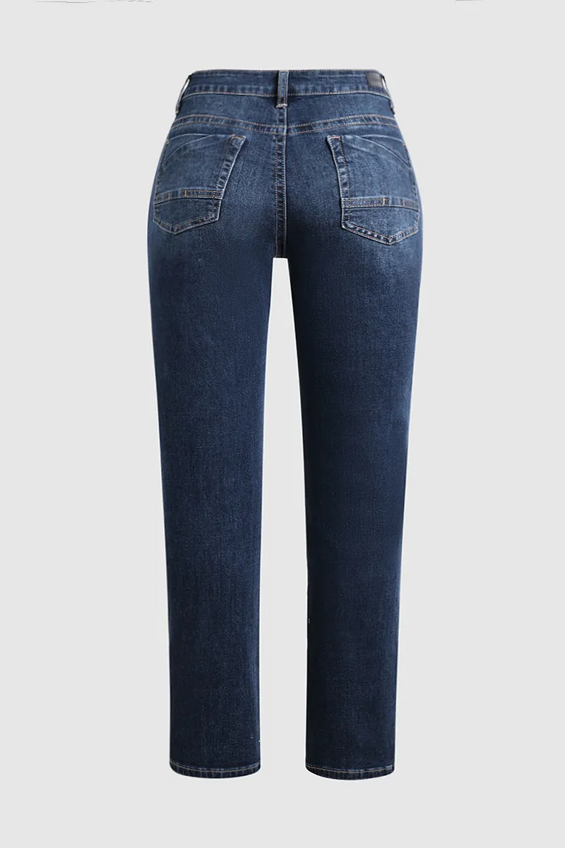 Mid Waist Wash Straight Leg Jeans