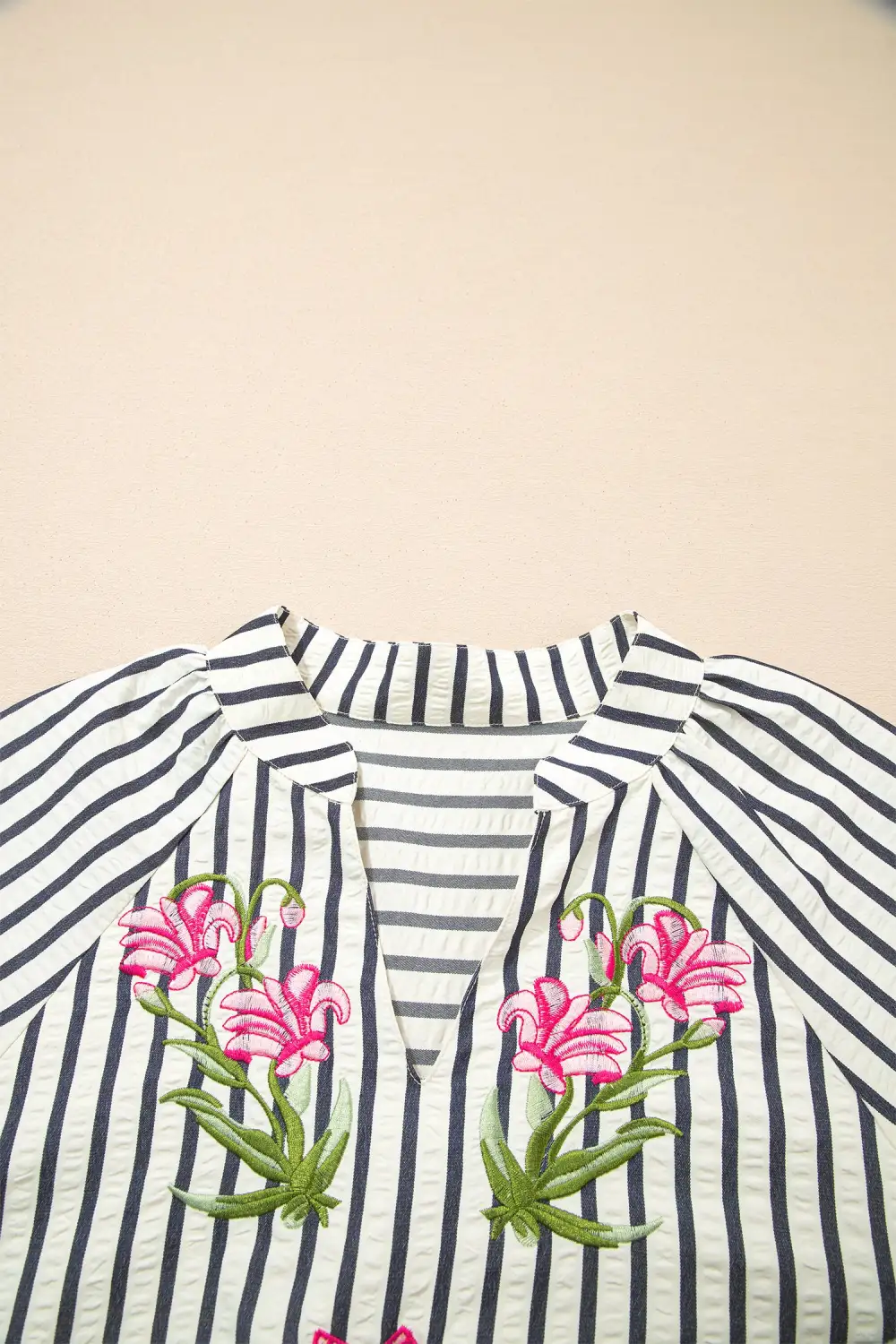 Striped Floral Embroidered Blouse