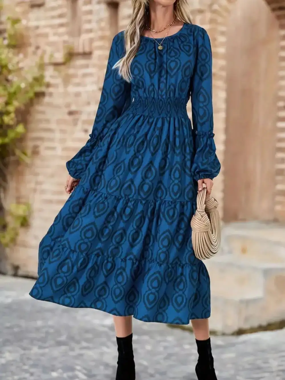 Round Neck Smocked Midi Dress