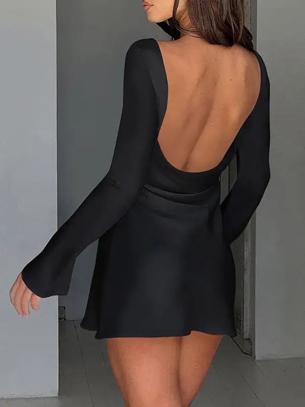 Refined High Waisted Long Sleeve Backless Solid Color Zipper Round Neck Mini