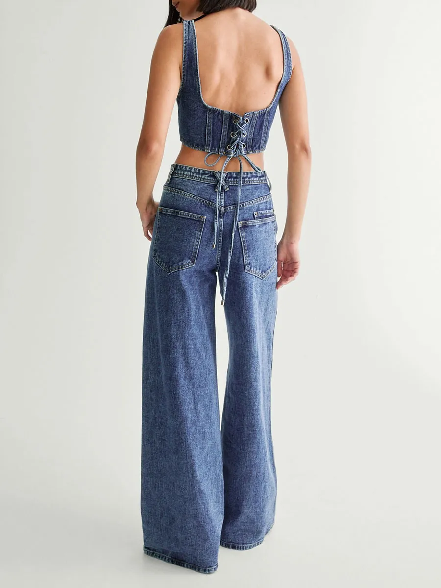 Women's Side Lace-Up Accent Wide-Leg Jeans