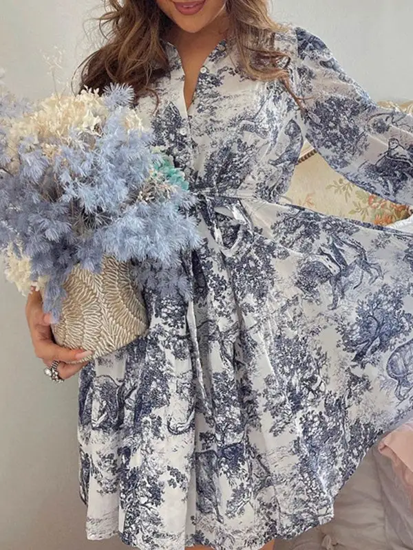 Relaxed Puff Sleeve Pleated Printed Split Joint Tied Waist Lapel Mini