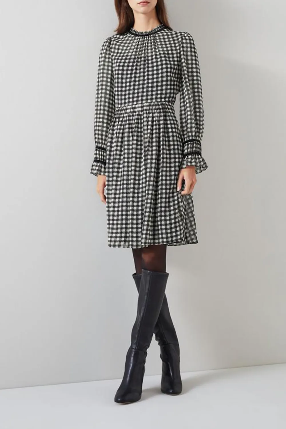 Black Cream Checkered Long Sleeve Midi Dress