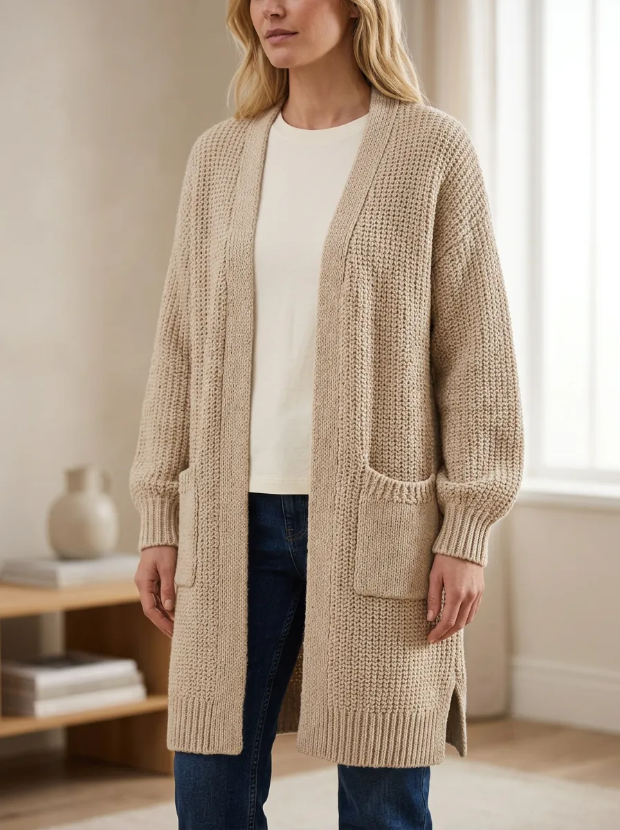 Women's Minimalist Waffle Knit Long Cardigan