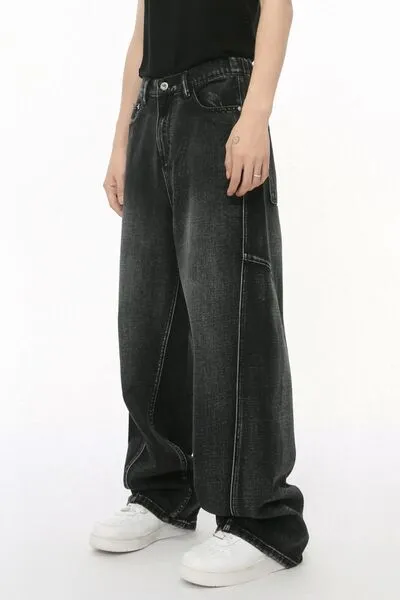 Washed Paneled Stretch Straight Leg Jeans
