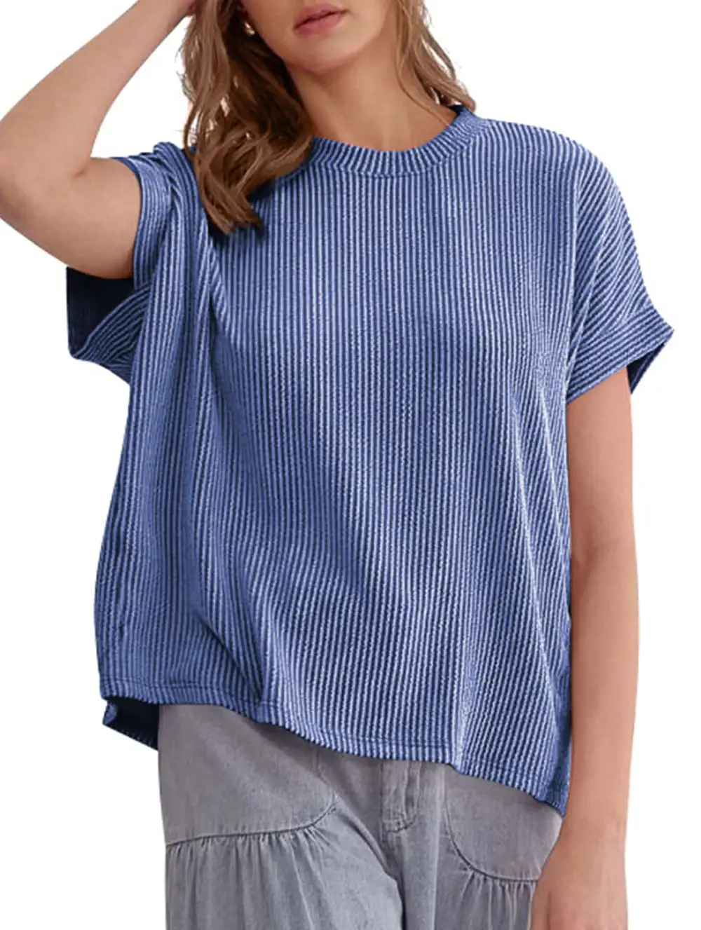 Ribbed Knit Crew Neck Tee