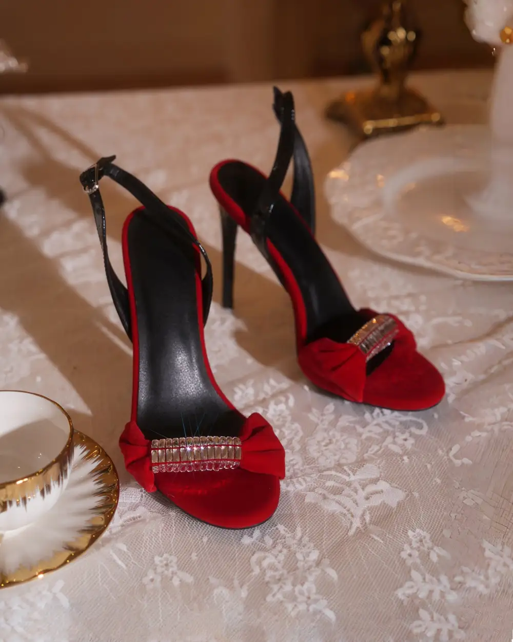 Rhinestone Velvet Slingback Sandals in Red