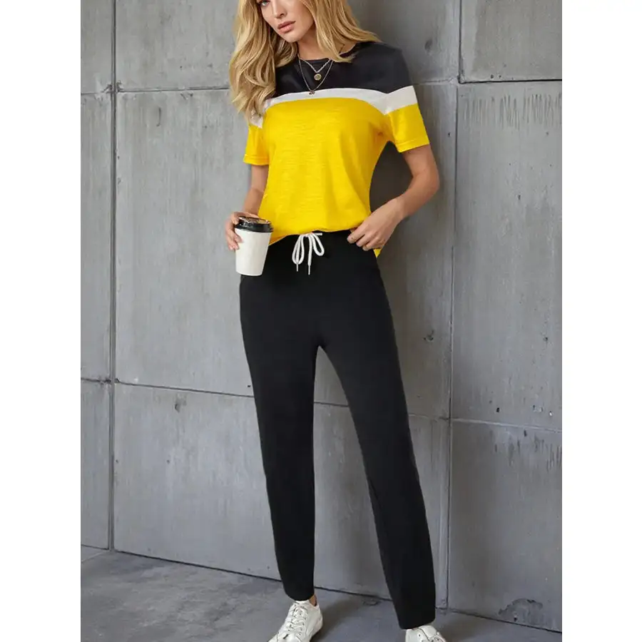 Casual Block Top and Pants Set