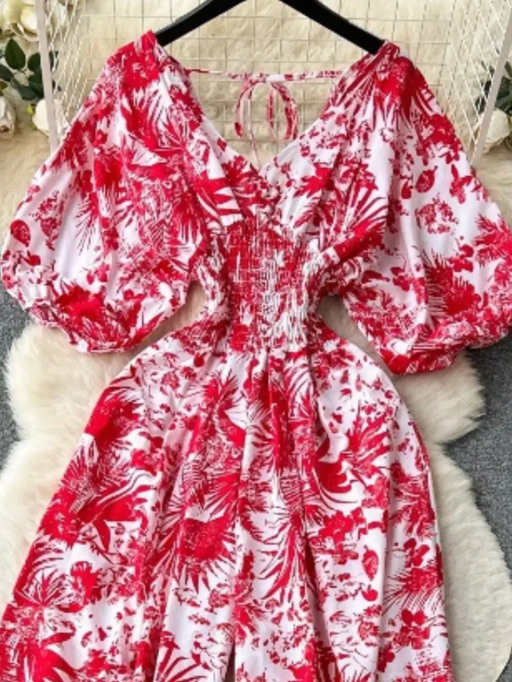 Smocked V Neck Wide Leg Jumpsuit