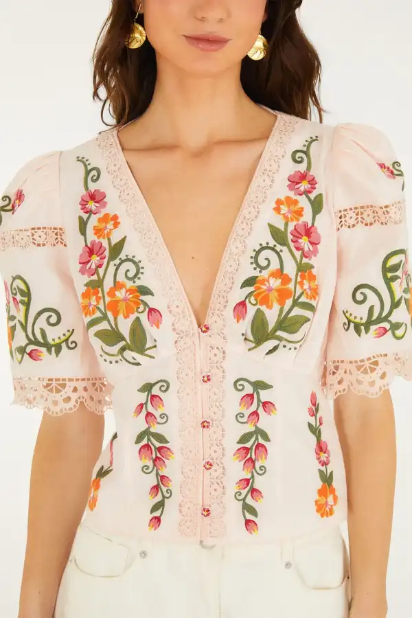 Embroidered Floral Puff-Sleeve Long-Sleeve Blouse