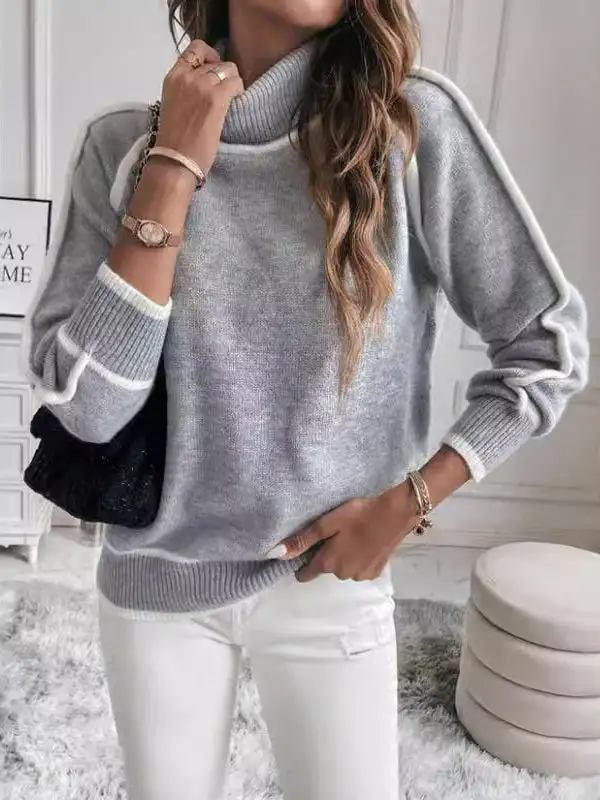 Paneled High Neck Long Sleeve Relaxed Fit Sweater