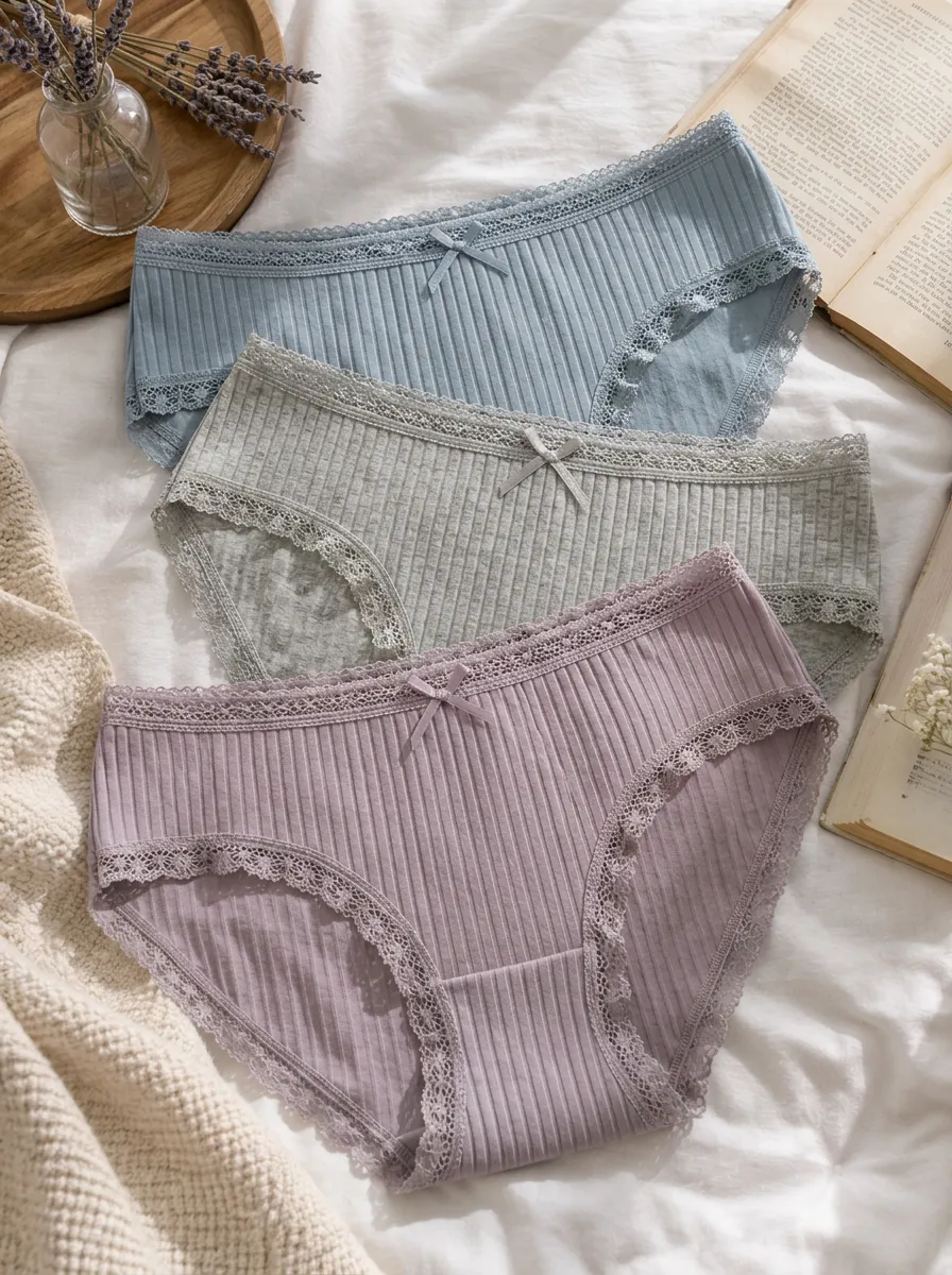 Women's Bow Detail Lace Trim Ribbed 3-Pack Panty Set