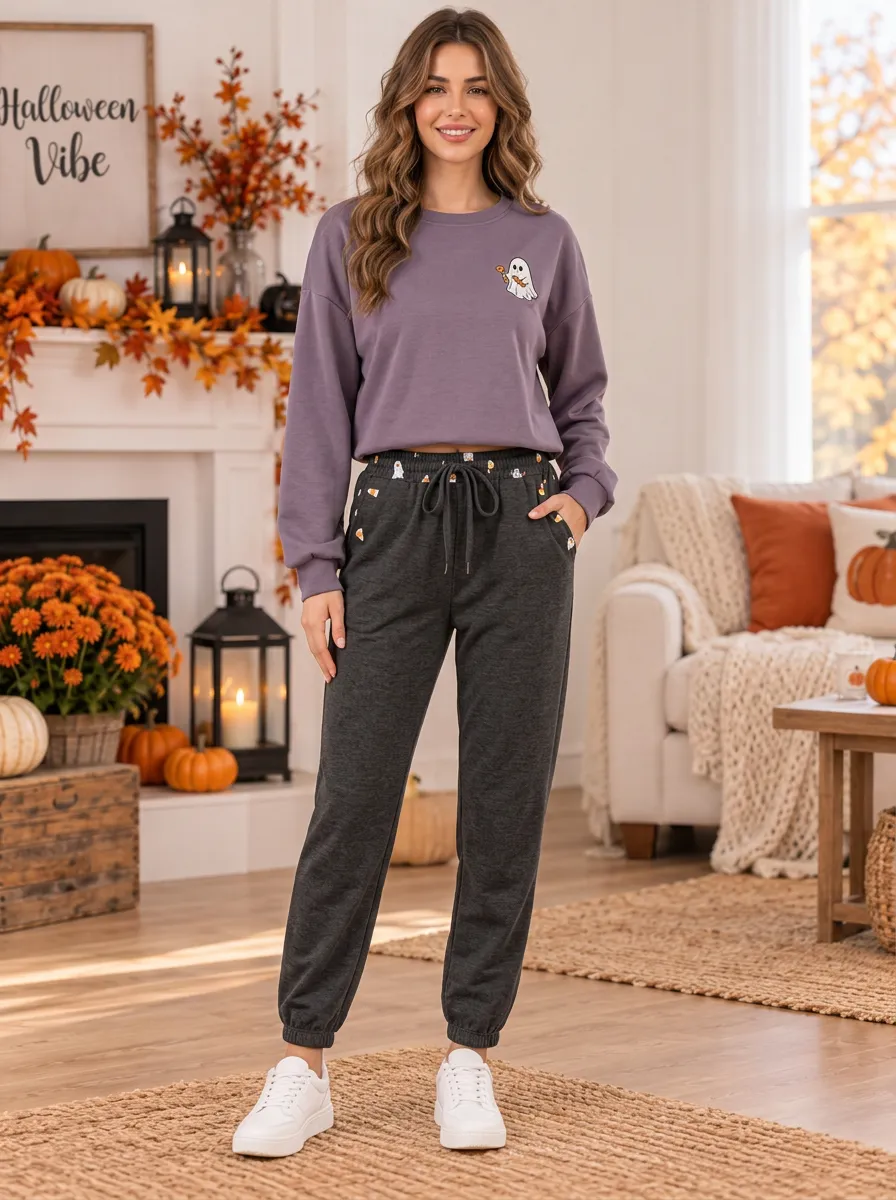 Women's Ghost-Candy-Corn Crewneck-Sweatshirt & Joggers Two-Piece Set
