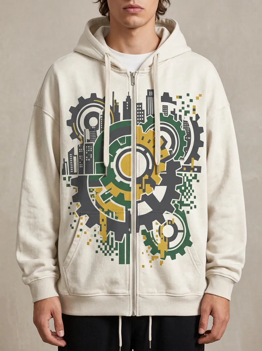 Men's Industrial City Gear Pixel Art Printed Zip Up Hoodie