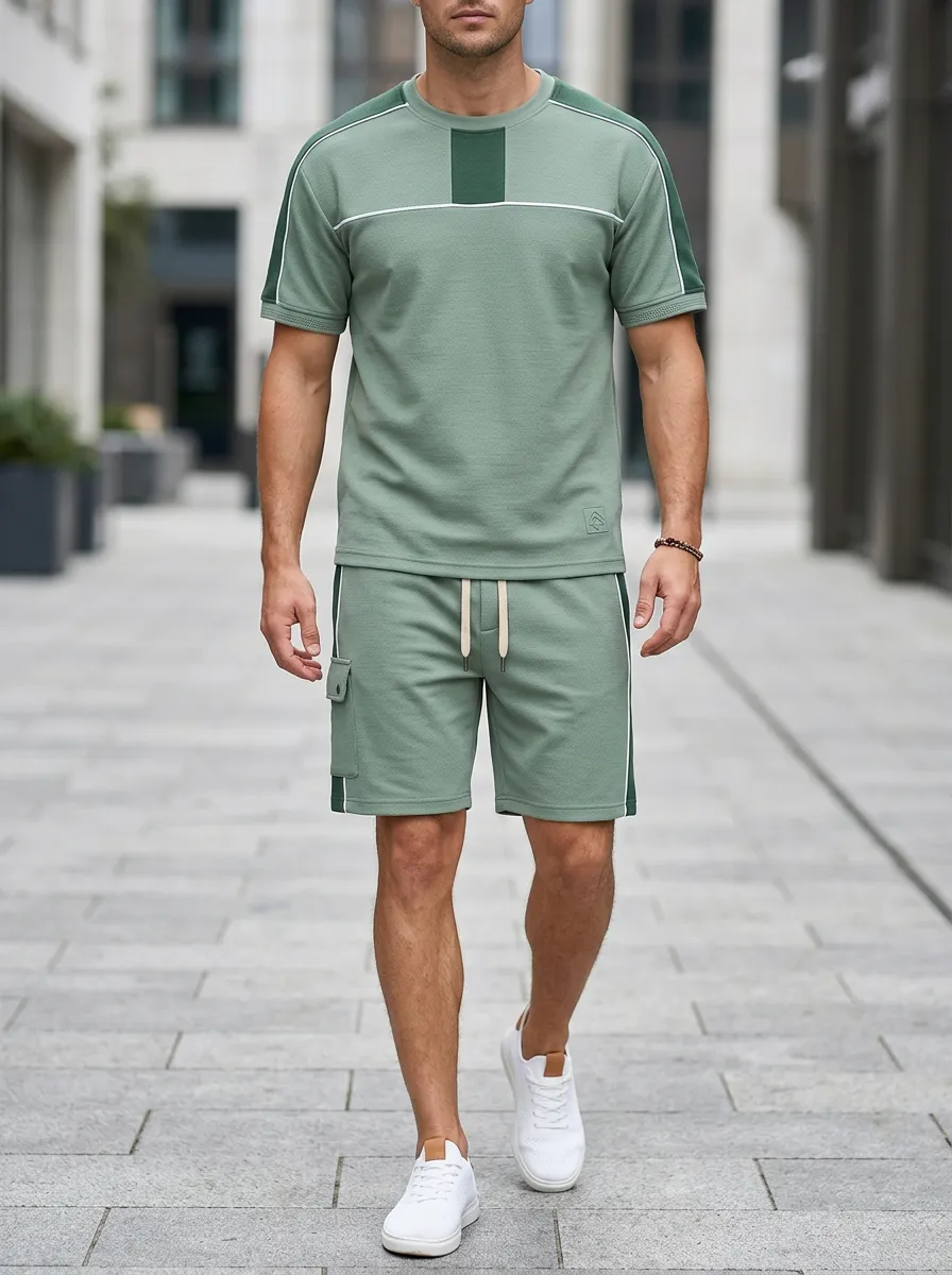 Everyday Striped Detail Colorblock Detail Shape Men's T-Shirt And Shorts Set