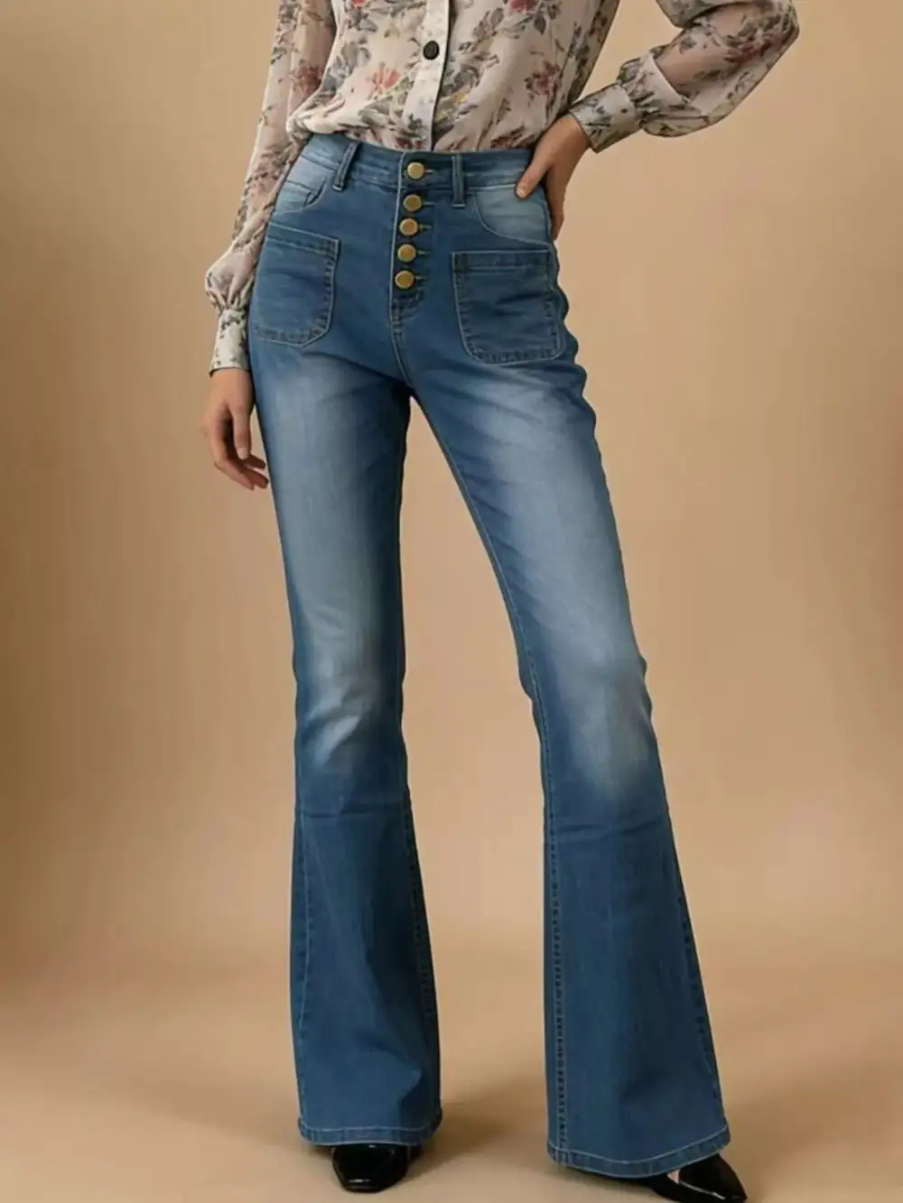 Versatile High Waist Flare Leg Button Denim Jeans