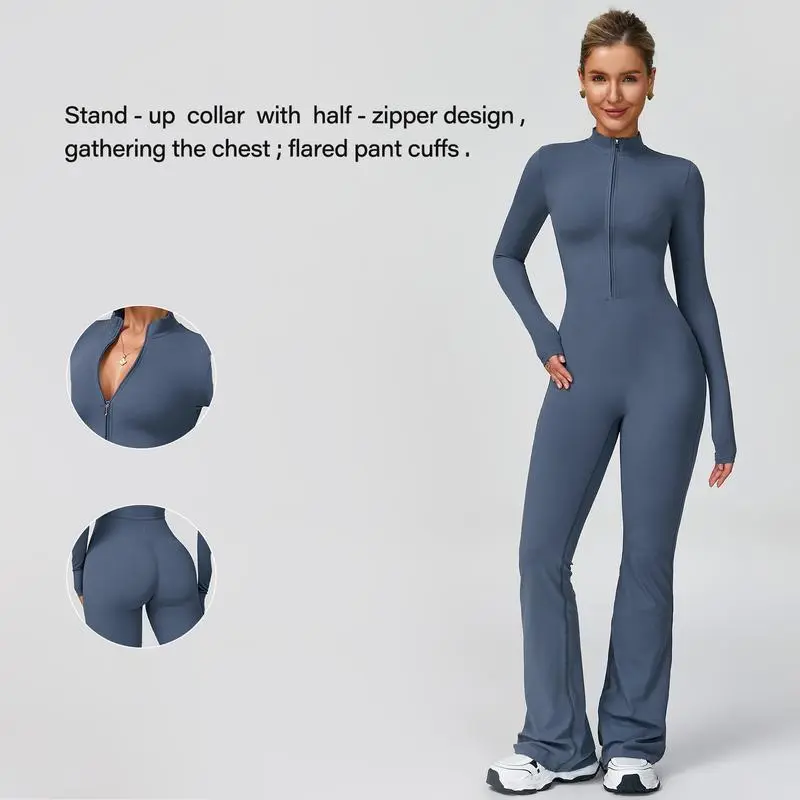 Women's Long Sleeve Flared Sports Jumpsuit - Zipper Jumpsuit, Wide Leg Bodysuit, Sexy One-Piece Yoga Jumpsuit