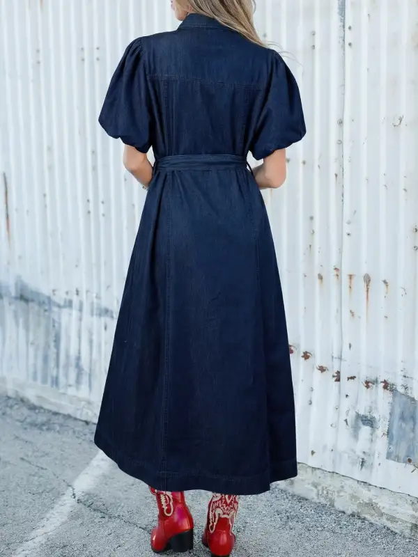 Denim Button Front Tie Waist Midi Dress