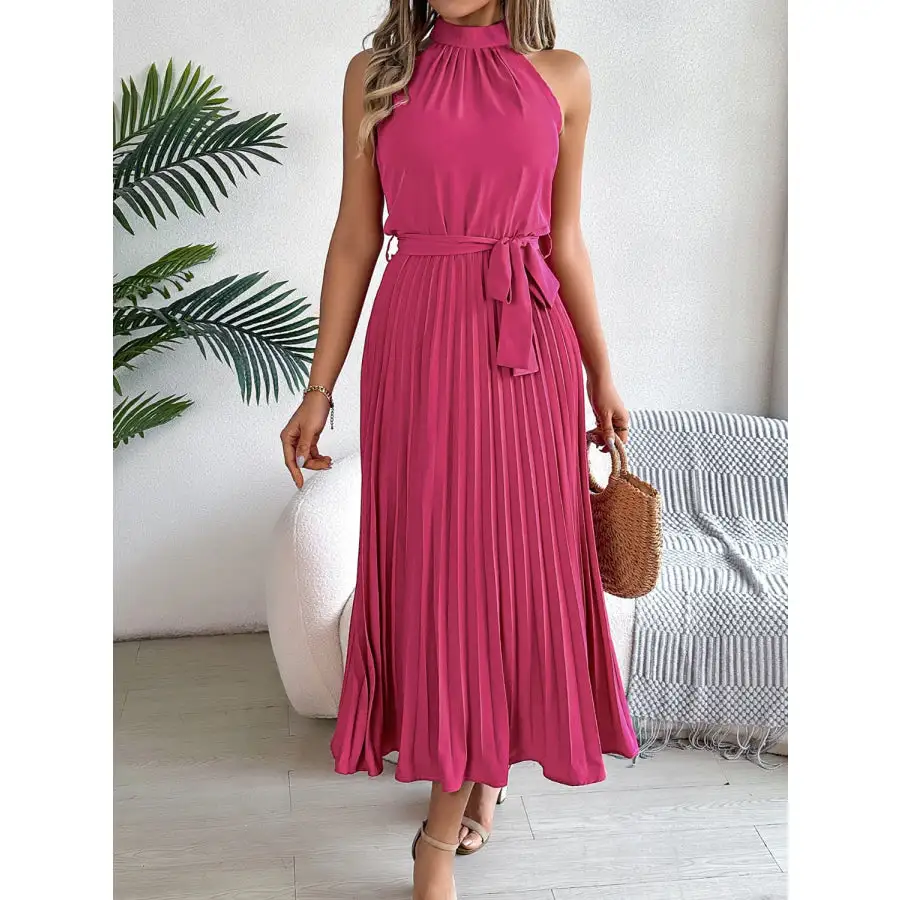 Pleated Tie Waist Sleeveless Midi Dress