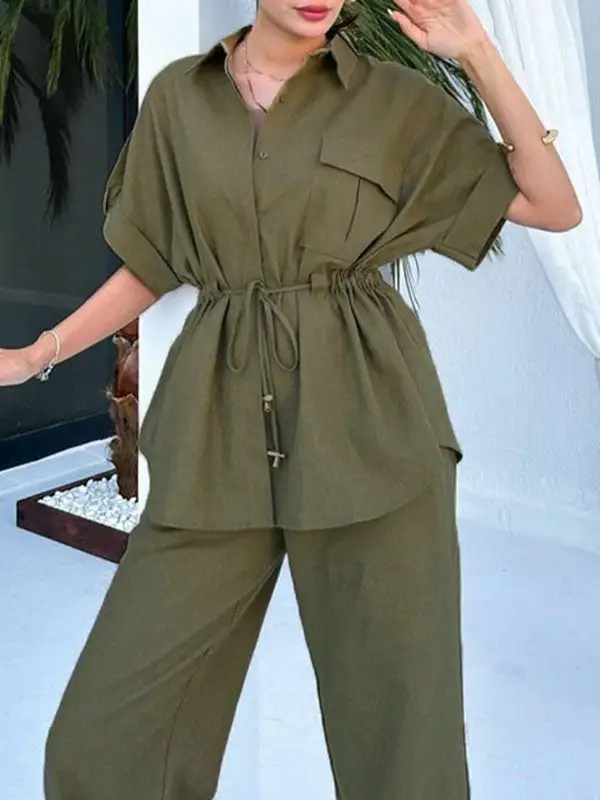 Relaxed Drawstring Blouse And Pants Set