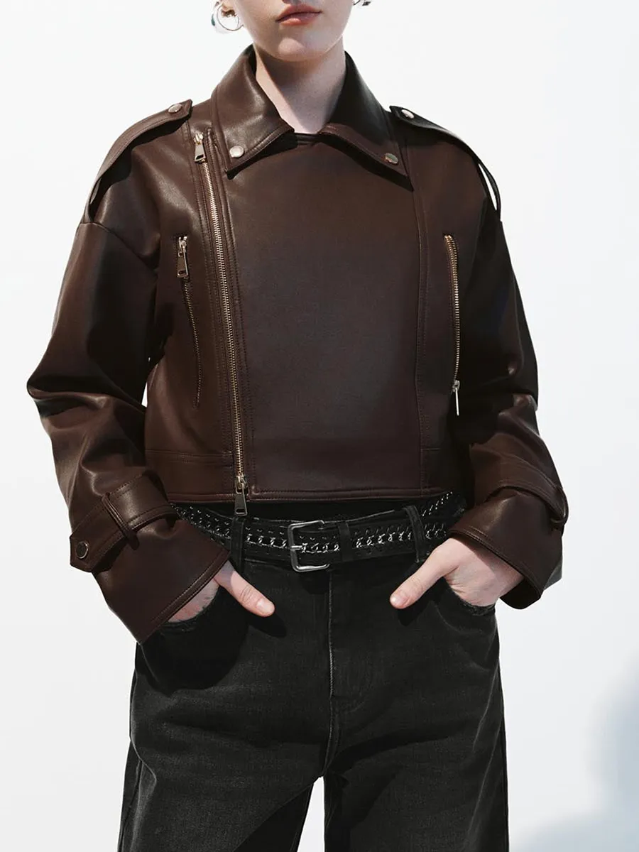 A Short Brown Loose Lapel Retro-Style Leather Jacket For Women