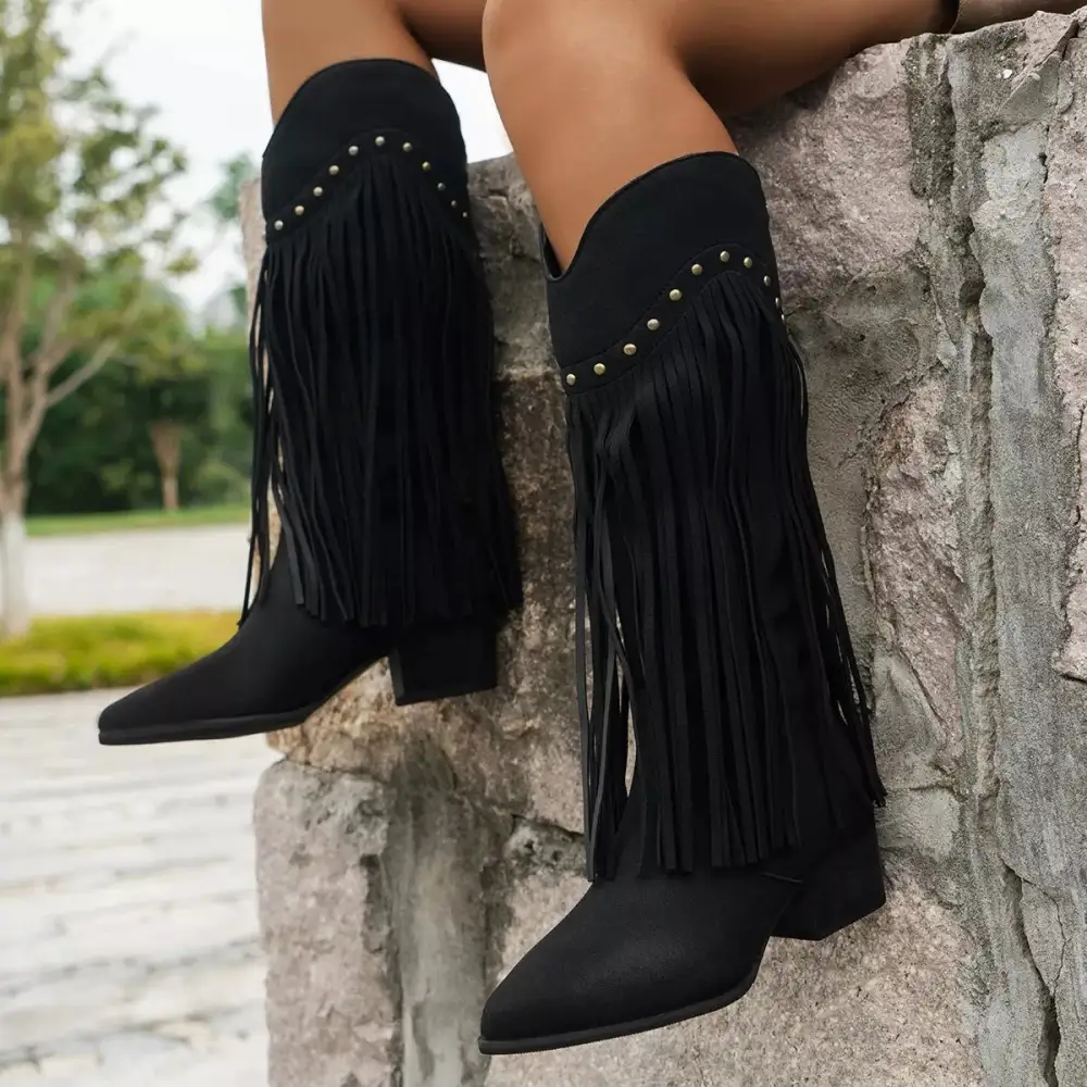 Fringe Point Toe Block Heels Boots